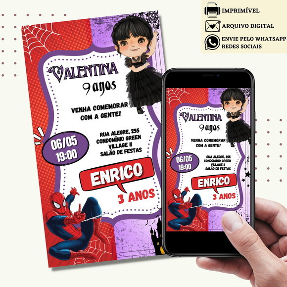 Convite Tema Duplo Dois Temas Wandinha Homem-aranha Digital