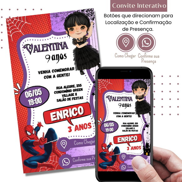 Convite Tema Duplo Dois Temas Wandinha Homem-aranha Digital
