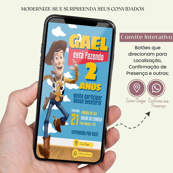 Convite Toy Story Woody Digital Interativo Virtual