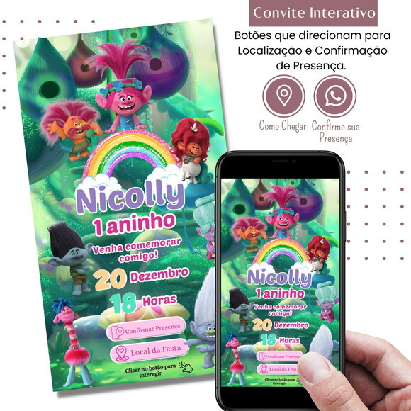 Convite Trolls Digital Interativo Virtual