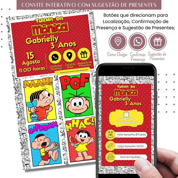 Convite Turma da Mônica Digital Sugestão de Presente