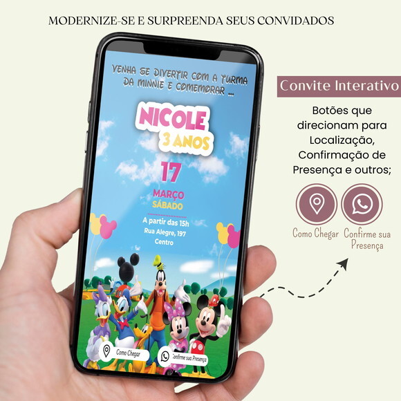 Convite Turma da Minnie Mouse Digital Virtual Interativo