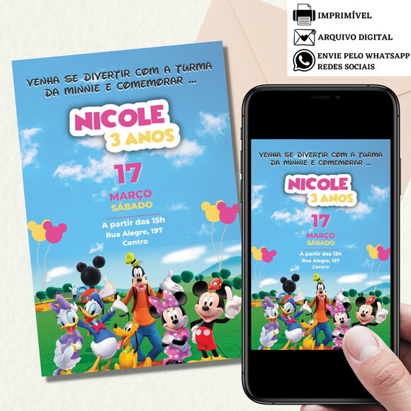 Convite Turma do Mickey Mouse Minnie Digital Virtual