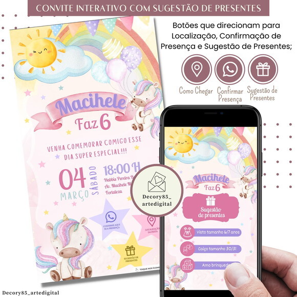 Convite Unicórnio Digital Interativo Sugestão de Presente