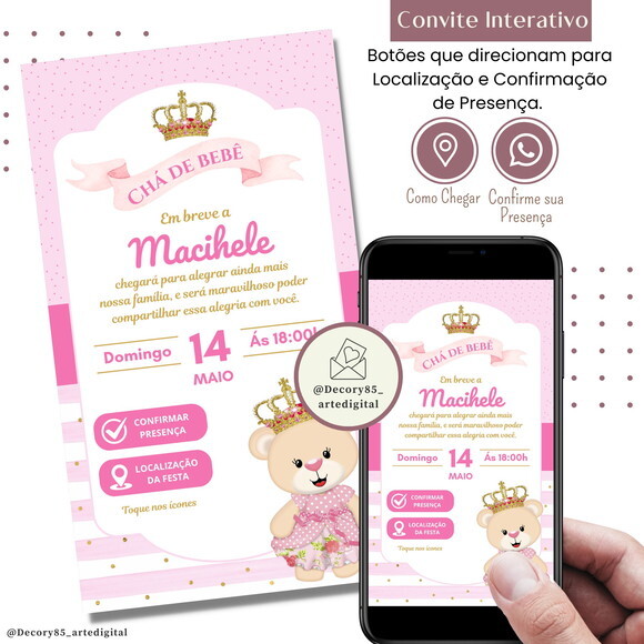 Convite Ursinha Rosa Realeza Digital Virtual Interativo