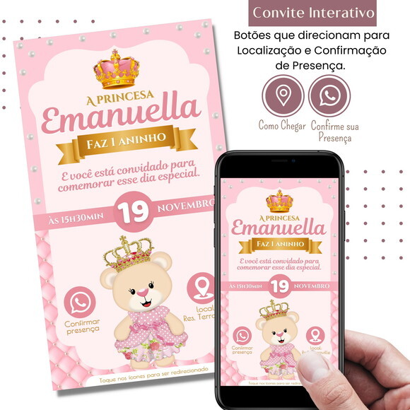 Convite Ursinha Rosa Realeza Digital Virtual Interativo
