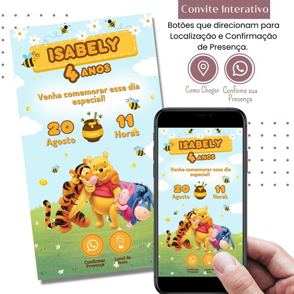 Convite Ursinho Pooh Puff Digital Interativo Virtual