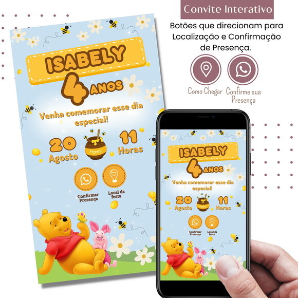 Convite Ursinho Pooh Puff Digital Interativo Virtual
