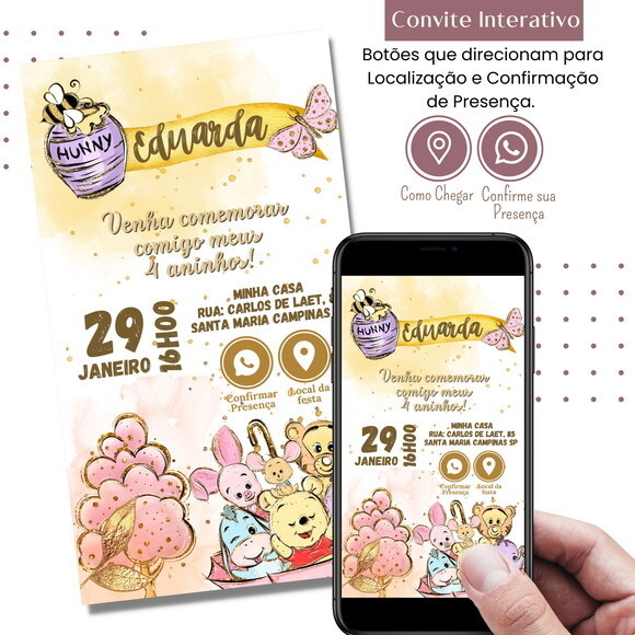 Convite Ursinho Pooh Puff Digital Interativo Virtual