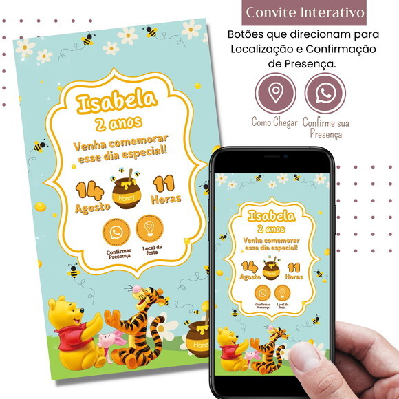 Convite Ursinho Pooh Puff Digital Interativo Virtual