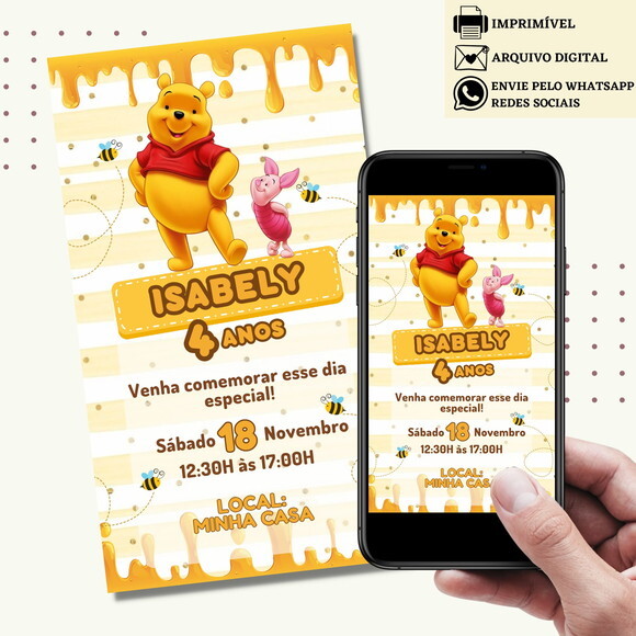 Convite Ursinho Pooh Puff Digital Virtual