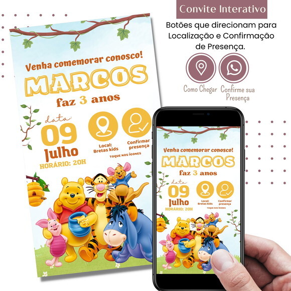 Convite Ursinho Pooh Puff Digital Interativo Virtual