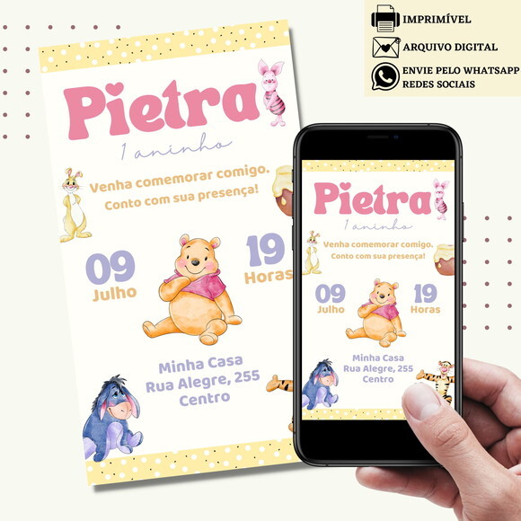 Convite Ursinho Pooh Puff Digital Virtual