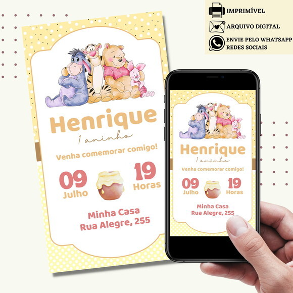 Convite Ursinho Pooh Puff Digital Virtual