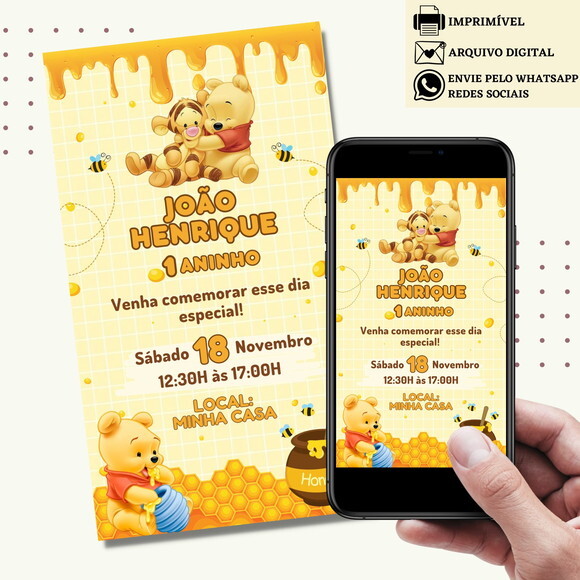 Convite Ursinho Pooh Puff Digital Virtual