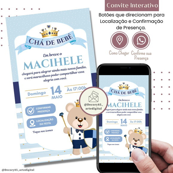 Convite Ursinho Realeza Digital Virtual Interativo