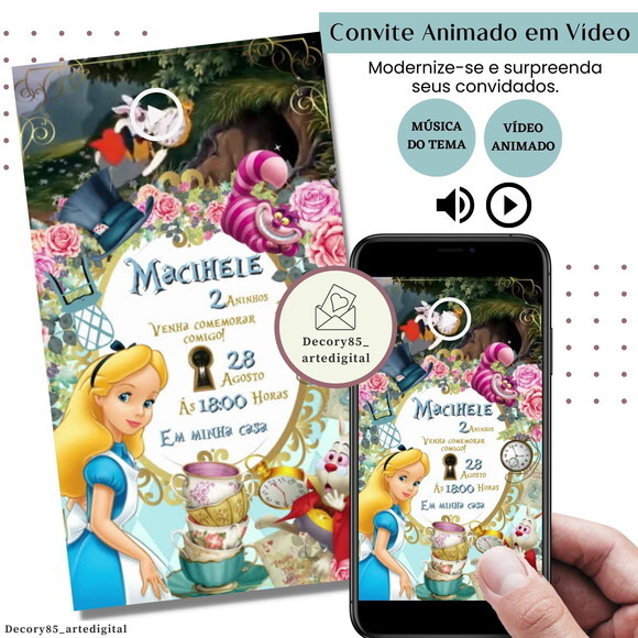 Convite Vídeo Alice no País das Maravilhas Animado Música