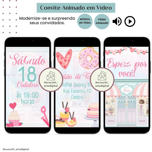Convite Vídeo Doce Confeitaria Doceria Animado Música