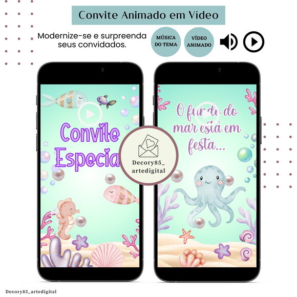 Convite Vídeo Fundo do Mar Rosa Animado Música Digital