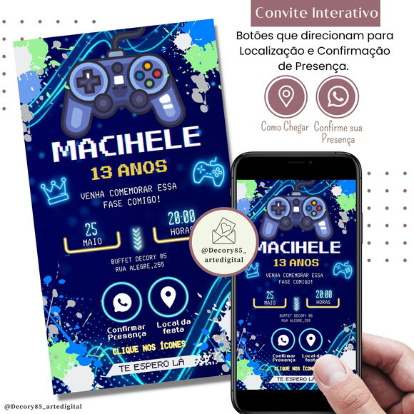 Convite Video Game Gamer Digital Interativo Virtual