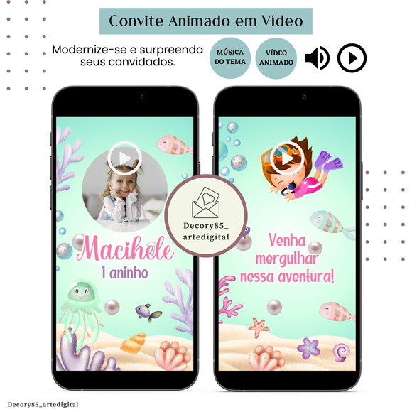Convite Vídeo Fundo do Mar Rosa Animado Música Digital