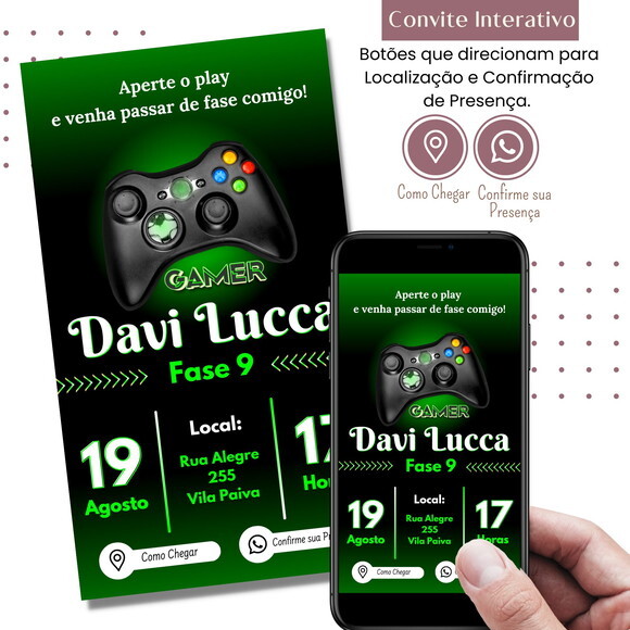 Convite Video Game Gamer Digital Interativo Virtual