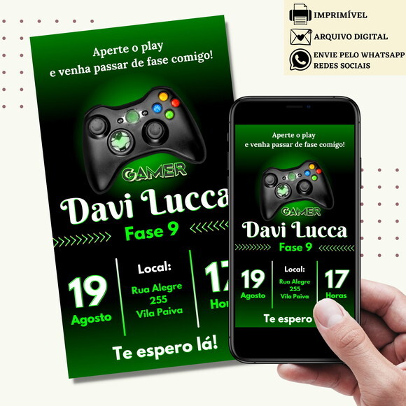 Convite Video Game Gamer Digital Virtual Menino