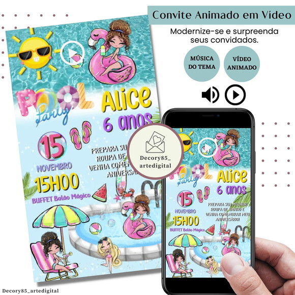 Convite Vídeo Pool Party Festa Piscina Animado Música