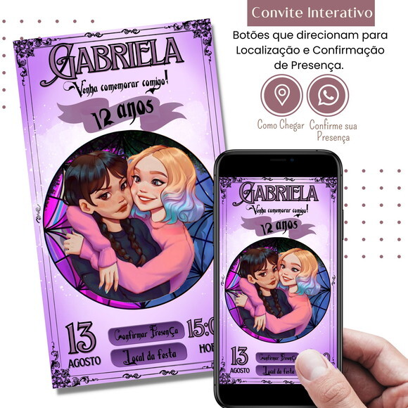 Convite Wandinha Addams e Enid Digital Interativo Virtual
