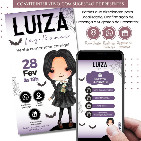 Convite Wandinha Digital Interativo Sugestão de Presente