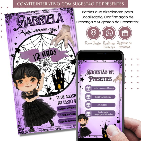 Convite Wandinha Digital Interativo Sugestão de Presente