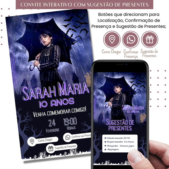 Convite Wandinha Digital Interativo Sugestão de Presente
