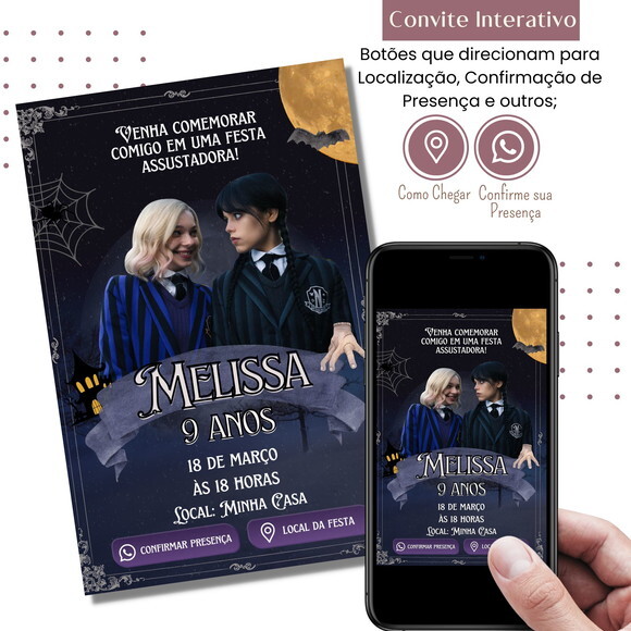 Convite Wandinha Addams e Enid Digital Interativo Virtual