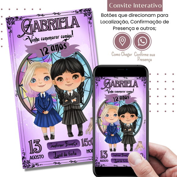 Convite Wandinha Addams e Enid Digital Interativo Virtual