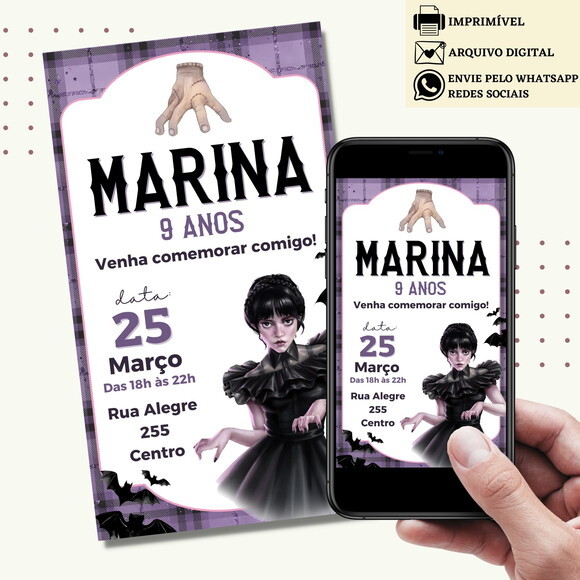 Convite Wandinha Familia Addams Digital Virtual