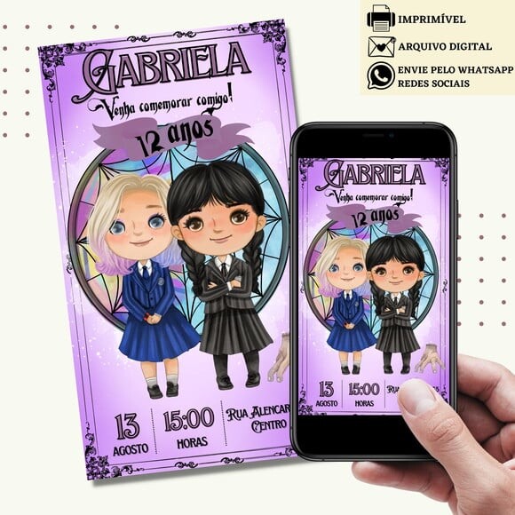 Convite Wandinha Familia Addams e Enid Digital Virtual
