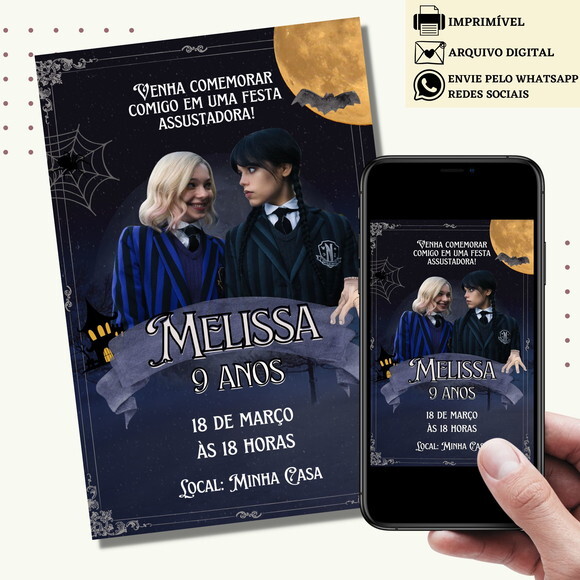 Convite Wandinha Familia Addams e Enid Digital Virtual