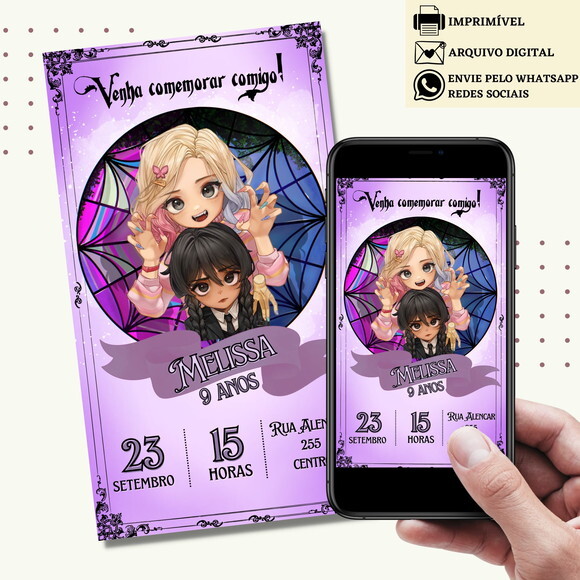 Convite Wandinha Familia Addams e Enid Digital Virtual