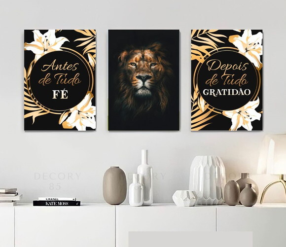 Kit Trio 3 Placas Decorativas Antes De Tudo Fé Leão 30x42 A3