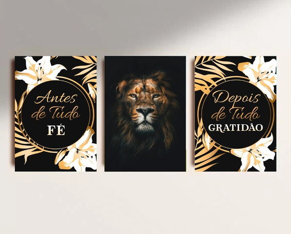 Kit Trio 3 Placas Decorativas Antes De Tudo Fé Leão 42x60 A2