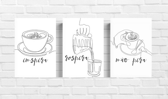 Kit Trio 3 Placas Decorativas Café Inspira Respira 21x30 A4