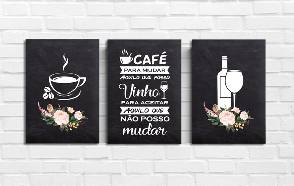 Kit Trio 3 Placas Decorativas Café Vinho Cozinha 21x30 A4