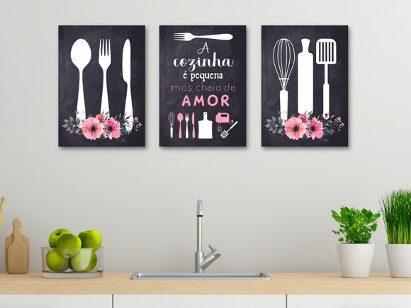Kit Trio 3 Placas Decorativas Cozinha Cheia De Amor 21x30 A4