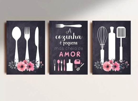 Kit Trio 3 Placas Decorativas Cozinha Cheia De Amor 30x42 A3