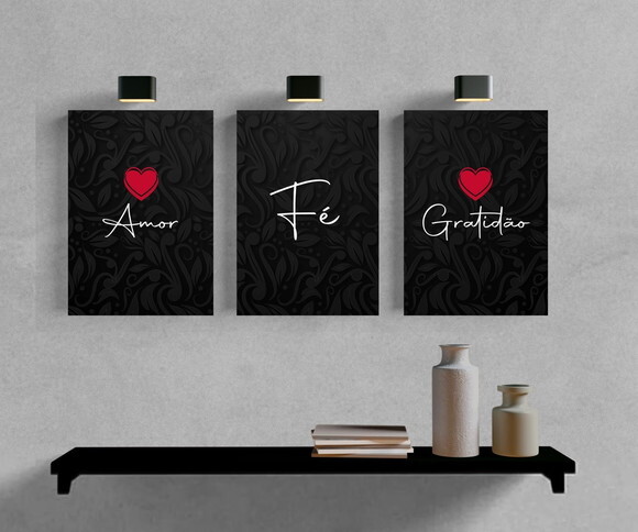 Kit Trio 3 Placas Decorativas Fé Amor Gratidão 21x30 A4