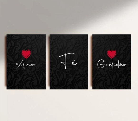 Kit Trio 3 Placas Decorativas Fé Amor Gratidão 30x42 A3