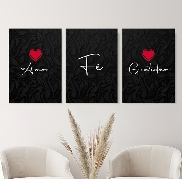 Kit Trio 3 Placas Decorativas Fé Amor Gratidão 42x60 A2