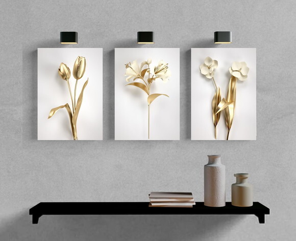 Kit Trio 3 Placas Decorativas Flores Douradas 30x42 A3