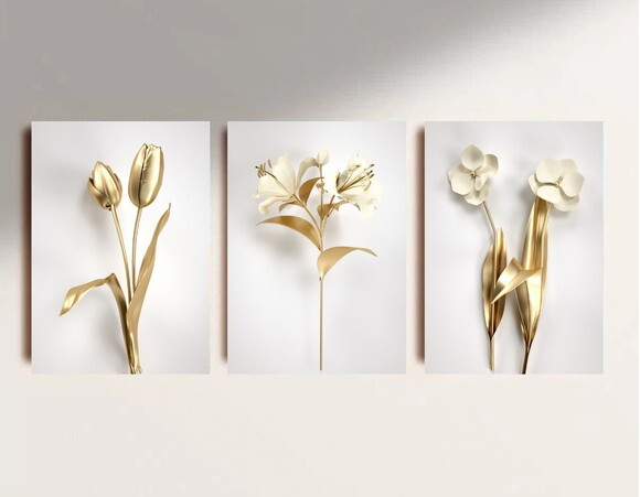 Kit Trio 3 Placas Decorativas Flores Douradas 30x42 A3