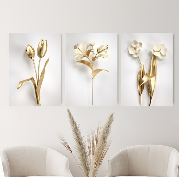 Kit Trio 3 Placas Decorativas Flores Douradas 42x60 A2